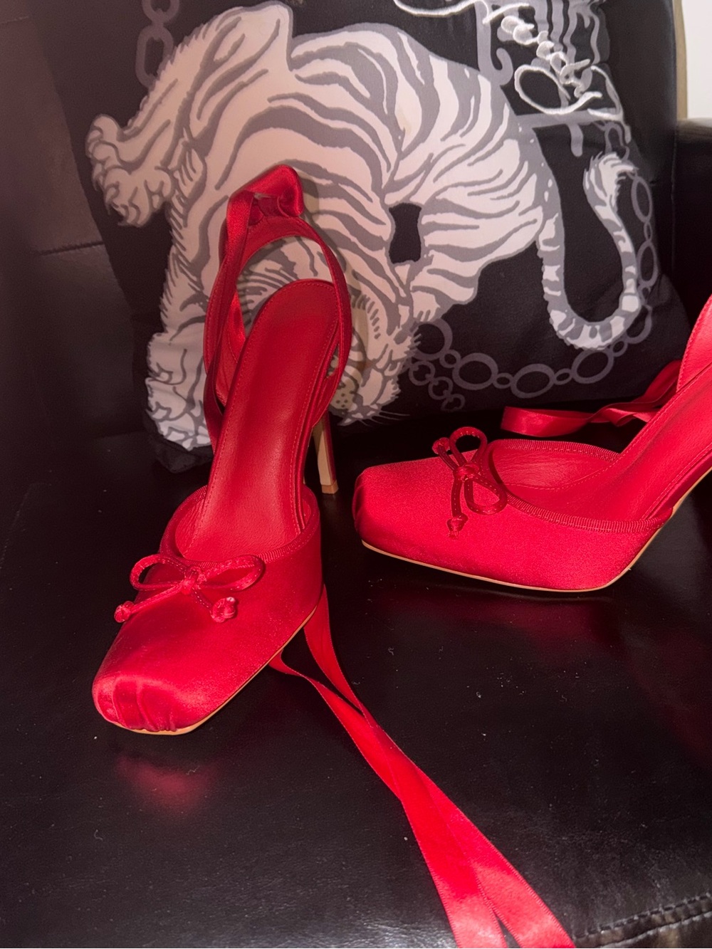 Red Satin Slingback Heels with Bow and Ribbon Tie